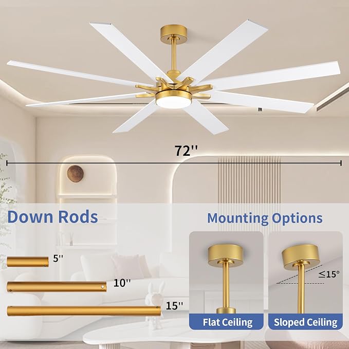 LANMEL Metal Ceiling Fan with Lights and Remote, 72 Inch, Gold & White | Modern Low Profile Flush Mount, Reversible, 3CCT Dimmable, Quiet, LED, For Bedroom, Living Room, Indoor/Outdoor Patio Use