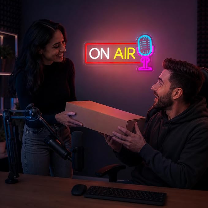 ON AIR Neon Sign with Microphone Neon Live On Air Sign for Recording Studio | ON AIR sign for streamers, podcasters, and content creators, suitable for streaming setups, recording spaces, and studios