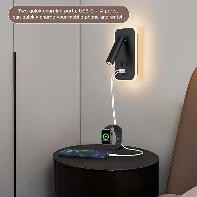 Bed Reading Light, Wall Mounted Reading Fixture with USB C+A Ports, Adjustable Headboard Sconces, Plug-in or Hardwired Bedside Lamp, Modern Black 10W+3W 3000K Warm Ambient lighting for Bedroom