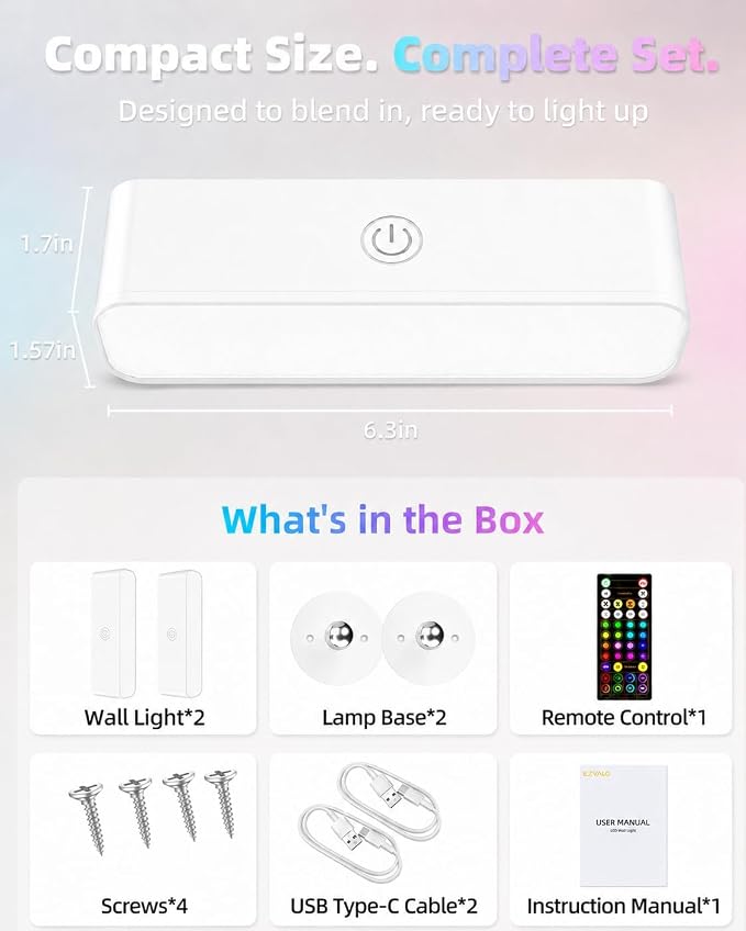 EZVALO RGB Wall Sconces Set of 2, Color Changing Battery Operated Wall Lights, 80+ Soft Ambient LED Mood Lighting with Timer, Dimmable Magnetic Bedside Wall Lamp for Bedroom, Headboard, Reading