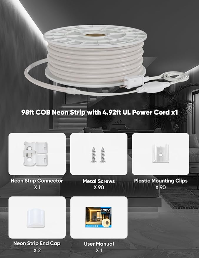 COB Led Neon Rope Lights 98ft 6000K Cool White, 110-120V Outdoor Waterproof Lighting Strip 600lm/m Super Bright, Cuttable and Adhesive, for Roof Bedroom Garden Commercial