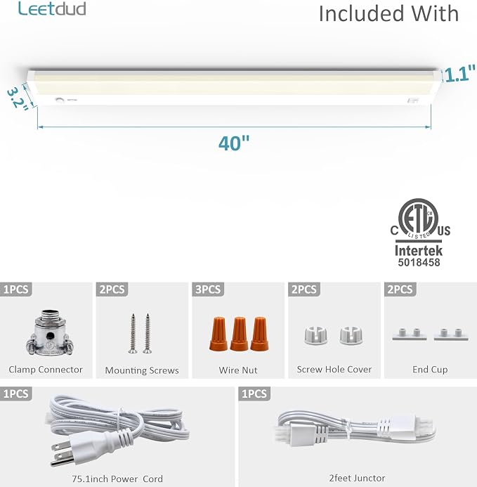 Under Cabinet Lighting Plug in or Hardwired Built-in Dimmer, 40 Inch 20W, 5CCT 2700/3000/3500/4000/5000K, Linkable Counter Lights for Kitchen, ETL Dimmable LED Light Fixture, White