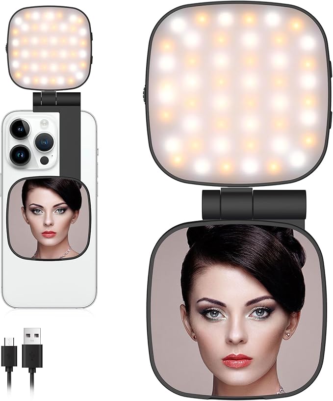 Magnetic Selfie Light Compatible for MagSafe iPhone, CRI 95+ 700lx/0.3m Folding LED Phone Fill Ring Lighting with Full Mirror for Zoom Makeup Photography Recording Video Conference TikTok (M27-Black)