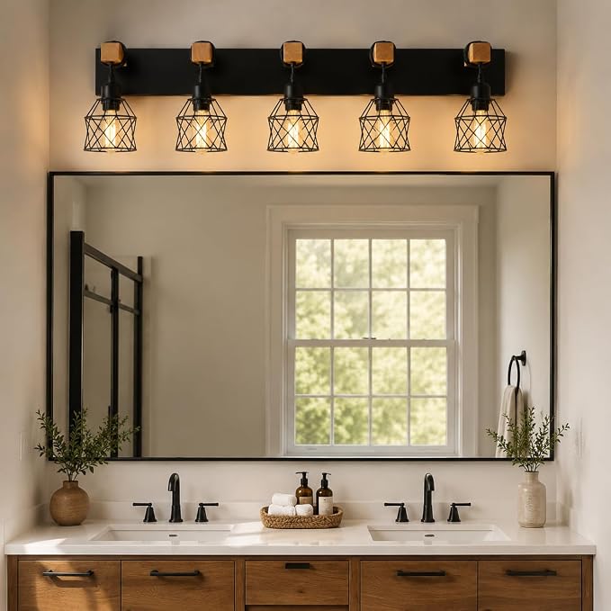 Farmhouse Vanity Light Fixture,5-Light Bathroom Lighting,Black Industrial Wood Wall Light Over Mirror with Metal Shade,LED Bulbs Not Included