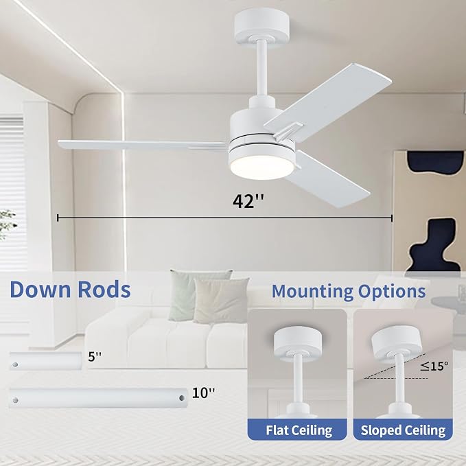 LANMEL Metal Ceiling Fan with Lights and Remote, 42 Inch, White | Modern Low Profile Flush Mount, Reversible, 3CCT Dimmable, Quiet, LED, For Bedroom, Living Room, Indoor/Outdoor Patio Use
