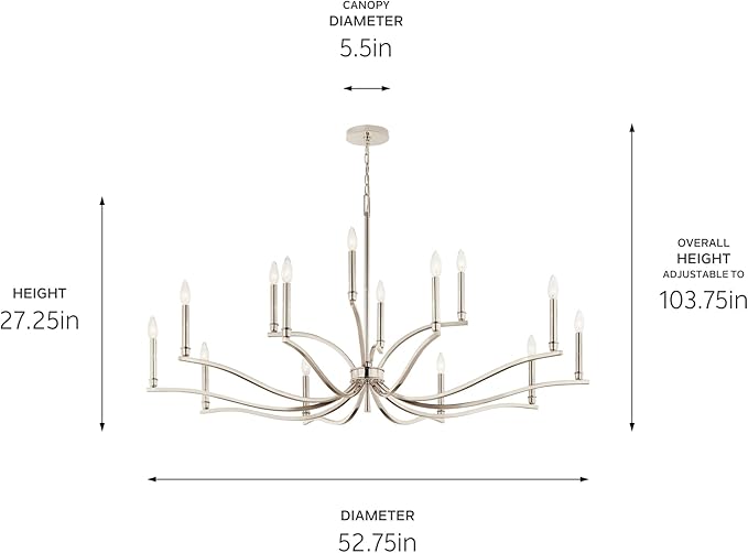 Kichler Malene 14-Light 2-Tier Chandelier, Updated Traditional Light in Polished Nickel, Sloped Ceiling Compatible, for Foyer, Dining Room or Living Room (27.25" x 52.75"), 52698PN