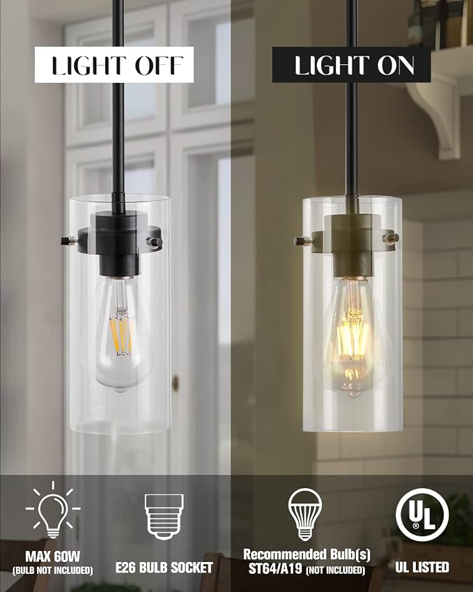 EAPUDUN Pendant Lights (2 Packs), Hanging Lights Fixtures, Clear Glass Shade Kitchen Lighting, Matte Black Farmhouse Kitchen Dining Table Ceiling Lights -PDA1353-B-MBK