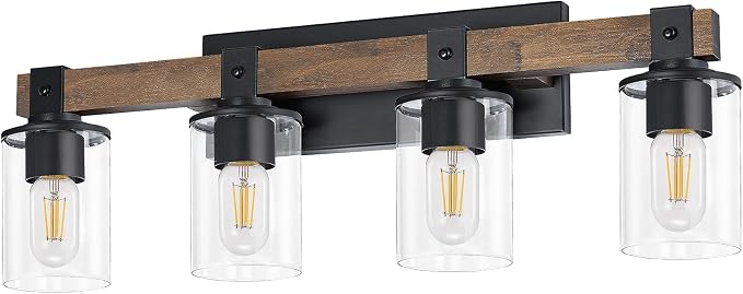 DUJAHMLAND Farmhouse Vanity Light Fixture, Industrial 4-Light Wood Wall Sconce Bathroom Vanity Lighting with Clear Glass Lights Shade,for Hallway,Kitchen,Bedroom(Antique Wood, 4-Light)