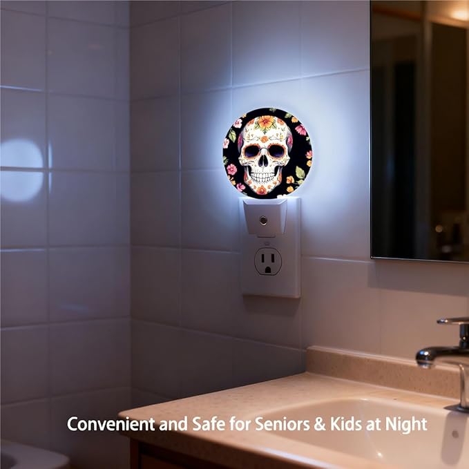 Plug-in Floral Sugar Skull Art Night Light Day of The Dead Skull or Halloween Night Lights Plug into Wall with Auto on/Off Sensor, 0.5W LED Nightlight for Bedroom Bathroom Hallway
