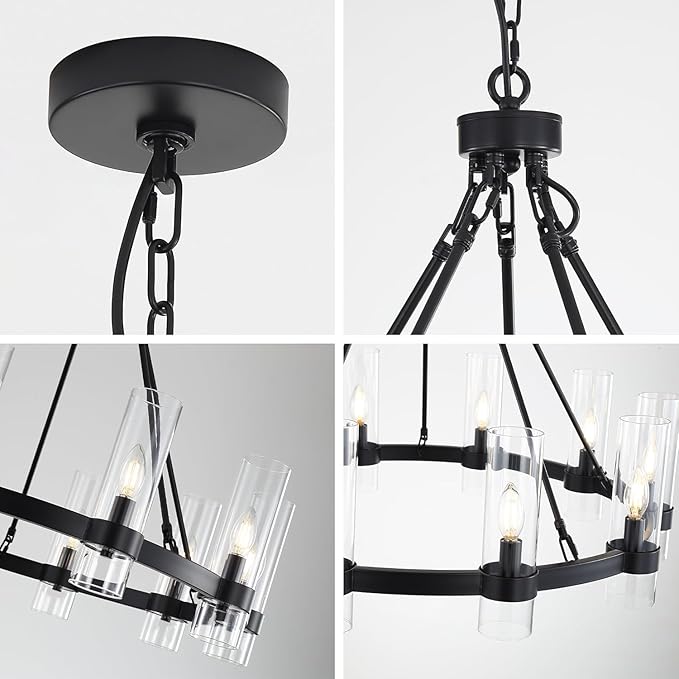 32 Inch Black Wagon Wheel Chandelier with Glass Shade, 10 Lights, Modern Farmhouse Style, Ideal for Dining Room, Kitchen, Entryways