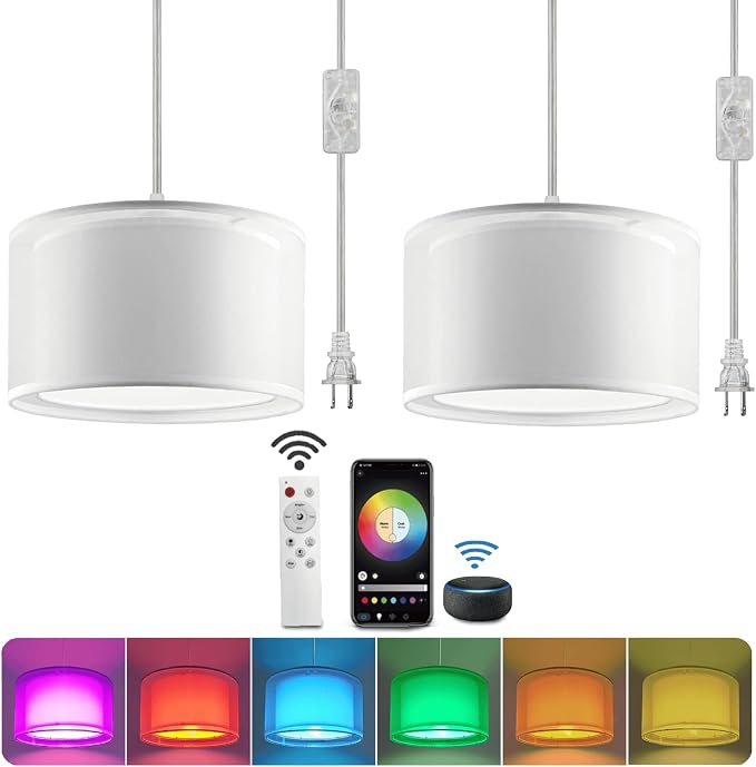 Hanging Lamp Plug in Pendant Light 2 Pack with Remote Control, 15Ft Hanging Lights with Plug in Cord White Double Shade Ceiling Pendant Light for Living Room, Bedroom, Kitchen