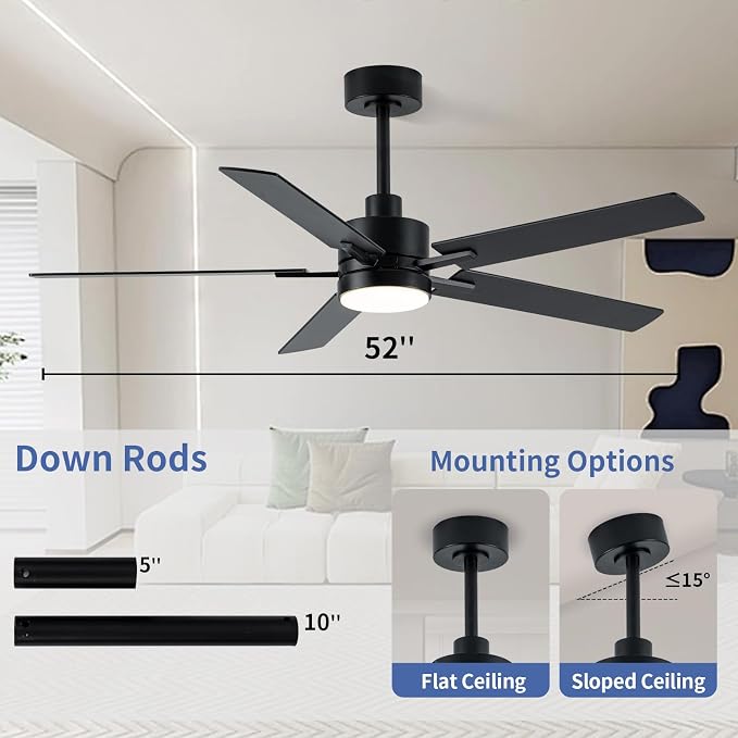 LANMEL Metal Ceiling Fan with Lights and Remote, 52 Inch, Black | Modern Low Profile Flush Mount, Reversible, 3CCT Dimmable, Quiet, LED, For Bedroom, Living Room, Indoor/Outdoor Patio Use