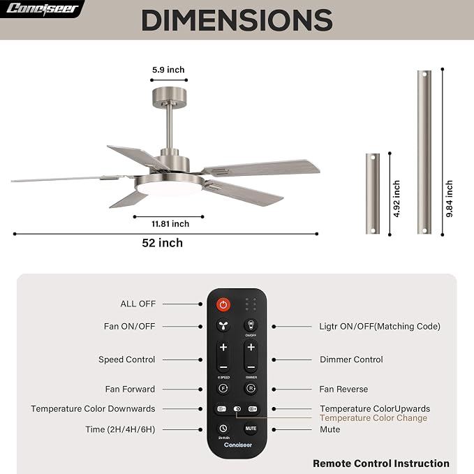 Conciseer 52 Inch Ceiling Fans with Lights and Remote for Bedroom Living Room Kitchen Office, Indoor/Outdoor Use, 6CCT Dimmable, 5 Blades, 6 Speed Reversible Quiet DC Motor, Sand-nickel/Wood Grain