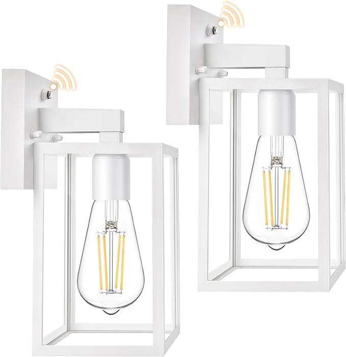 2 Pack Dusk to Dawn Outdoor Wall Light Fixtures, Exterior Porch Light, Waterproof Wall Sconces Lanterns, Sensor Lighting Wall Mount for House Doorway Garage, White