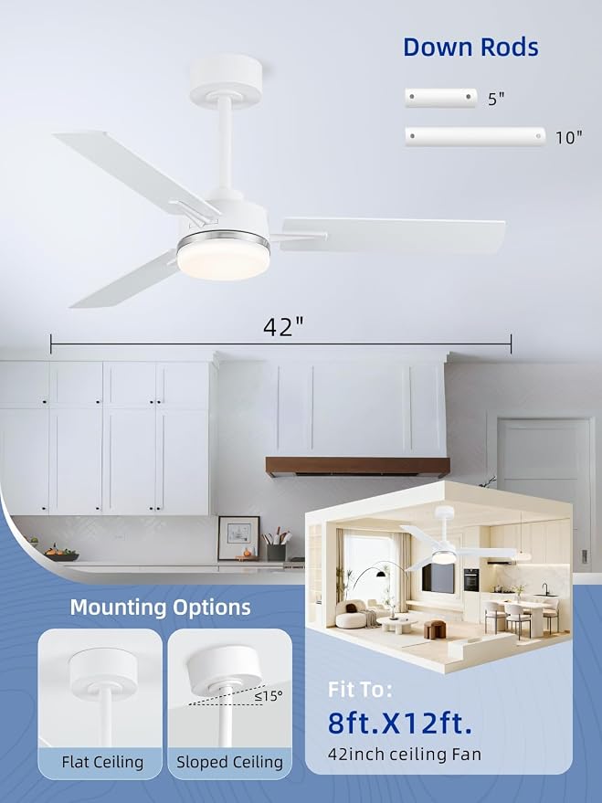 LANMEL Metal Ceiling Fan with Lights and Remote, 42 Inch, Silver & White | Modern Low Profile Flush Mount, Reversible, 3CCT Dimmable, Quiet, LED, For Bedroom, Living Room, Indoor/Outdoor Patio Use