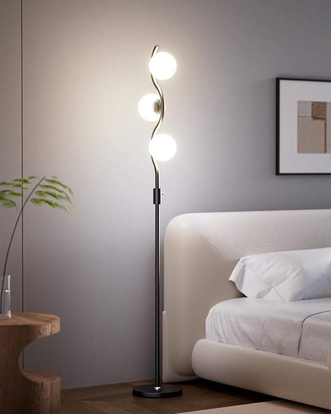 Lightdot 60IN Dimmable Black Floor Lamp Mid Century Standing Lamps with 3 Globe Soft Warm White 3000K Bulbs Included Modern Tall Lamp with 5Lbs Heavy Base for Living Room/Bedroom/Sofa Beside
