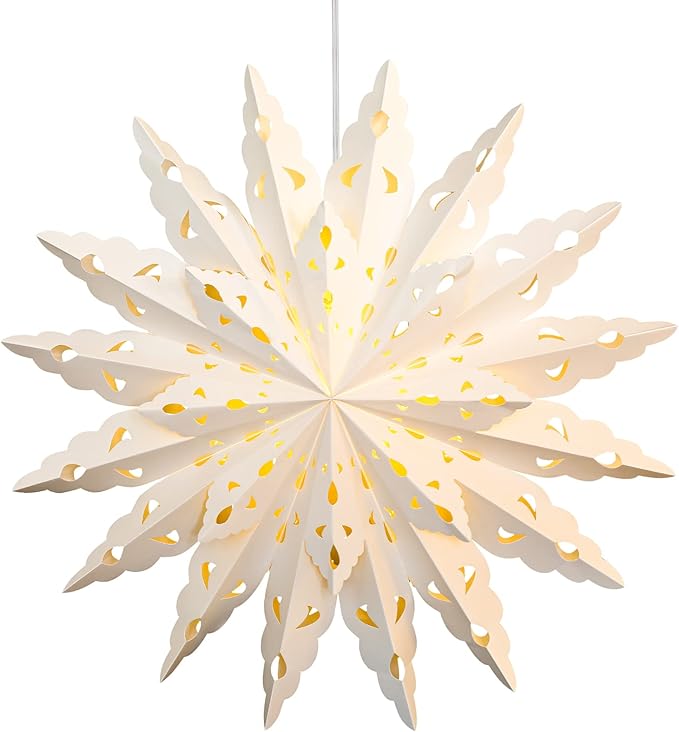 23.6 Inch Christmas Star Snowflake Paper Lantern with Light Timer Paper Lamp Party Supplies Hanging Decoration for Weddings Christmas Trees Birthday Holiday Party Celebration (Classic Style)