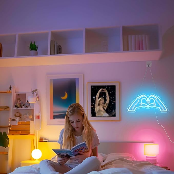 Heart Hands Neon Sign, Blue Room Decor, 15.75 inches Dimmable USB Powered Led Wall Art Decor, Music Merch Gifts for Girls Boys, Fans, Music Lover, Party, Christmas, Birthday(Blue with Inspired Words)