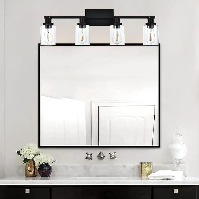 MELUCEE 4 Light Track Lighting Kit 28.7 Inch Bathroom Light Fixtures | Matte Black Ceiling Spotlight Fixture for Hallway Foyer Bath Storage, Clear Glass Shade