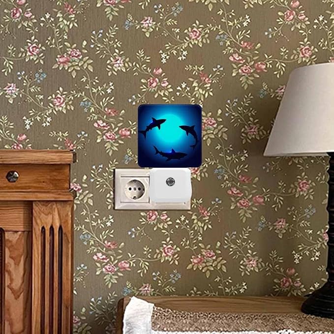Sharks Night Lights Plug into Wall Three Sharks in The Deep Blue Ocean Night Light with Dusk to Dawn Sensor for Home Bedroom Bathroom Living Room 0.5W Sleep-Friendly
