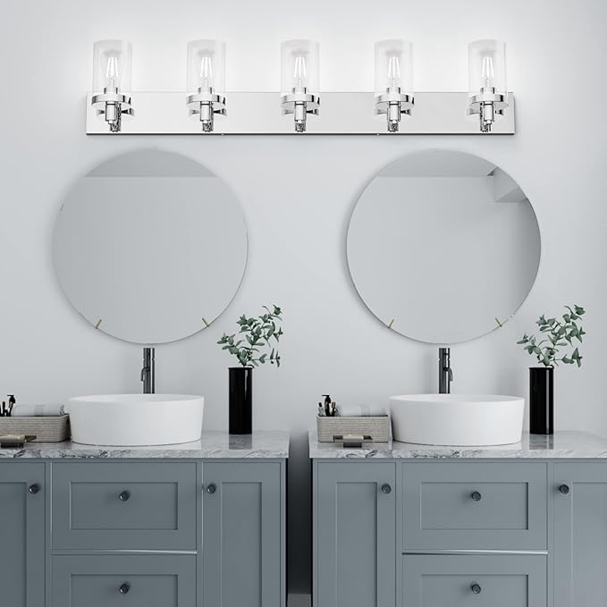 Aipsun Chrome Bathroom Light Fixtures 5 Light Bathroom Vanity Light Stainless Steel with Clear Glass Shade(Exclude Bulb)