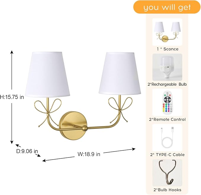 PASSICA DECOR Bow Battery Operated Wall Sconce, Rechargeable Wireless Double Lights with Dimmable Bulbs, 15 Colors and Remote Control, Gold Wall Lamps for Bedroom, Bathroom