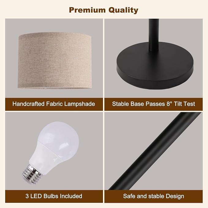 3 Light Arc Floor Lamp with Remote, Beige Shade Black Pole | 80" Dimmable Floor Lamp, 2400LM Super Bright, Independently Controlled 9W LED Energy-Saving Light Bulb, Memory Function