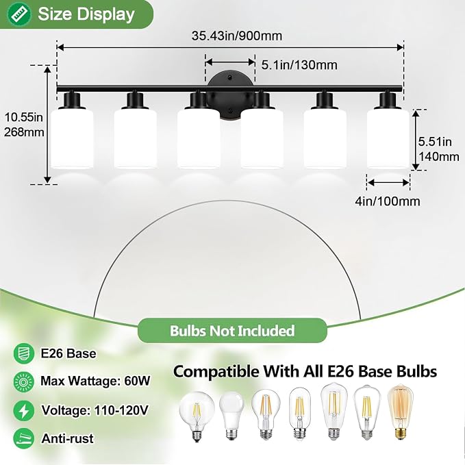 Zarbitta 6-Light Bathroom Light Fixtures, Black Modern Vanity Lights with Milky White Frosted Glass Shades, Bathroom Wall Lamp, for Mirror, Living Room, Kitchen, Hallway, Cabinet, Porch
