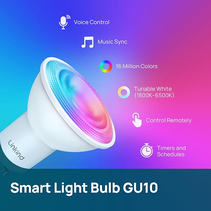 Linkind Matter GU10 Smart Light Bulbs, MR16 GU10 LED Bulbs, 2Pack | Work with Alexa/Apple/Google Home, Warm & Daylight White(1800K-6500K), Music Sync & Light Shows, 40W 470LM Color Changing