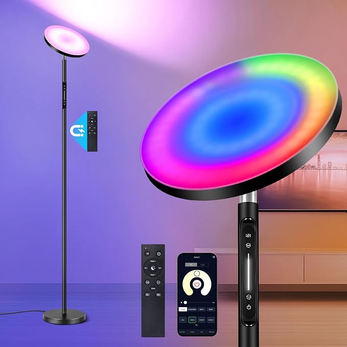 OUTON Smart RGB Floor Lamp, 36W LED Modern Torchiere Sky Lamp, Super Bright Stepless Dimmable Standing Tall Lamp with APP, Remote and Touch Control, LED Lamps for Living Room Bedroom,Gaming Room