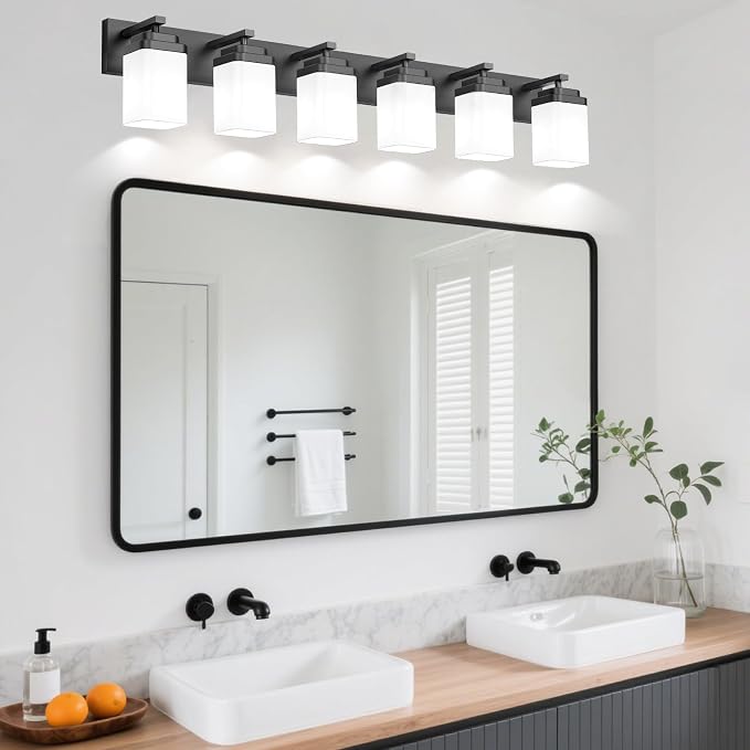 Matte Black Bathroom Light Fixtures, 6 Lights Bathroom Lighting Fixtures Over Mirror, Square Design & Rectangle Large Backplate, Modern Vanity Lighting Fixtures, for Living Room/Bedroom