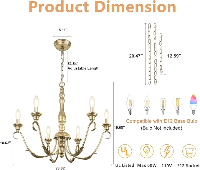 6-Light Farmhouse Chandelier, 23.62'' Antique Rustic Chandeliers for Dining Room, Adjustable Vintage Metal Hanging Pendant Light Fixture for Kitchen Island Entryway Foyer Hallway Bedroom