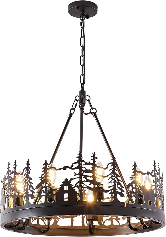 9-Light Rustic Farmhouse Chandelier, Black Wagon Wheel Pendant Light Fixture 23.6” Round Vintage Bear Chandelier for Dining Room Living Room Kitchen