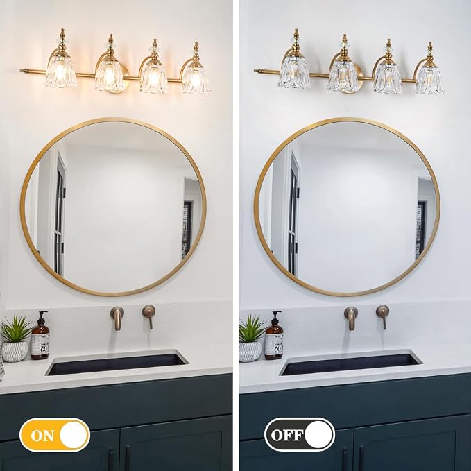 Brushed Antigue Brass Bathroom Light Fixtures 4 Lights, Antique Brass Vanity Light, Vanity Light Over Mirror, Vintage Bathroom Light with Clear Flower Glass, Lights for Wall Interior Hallway