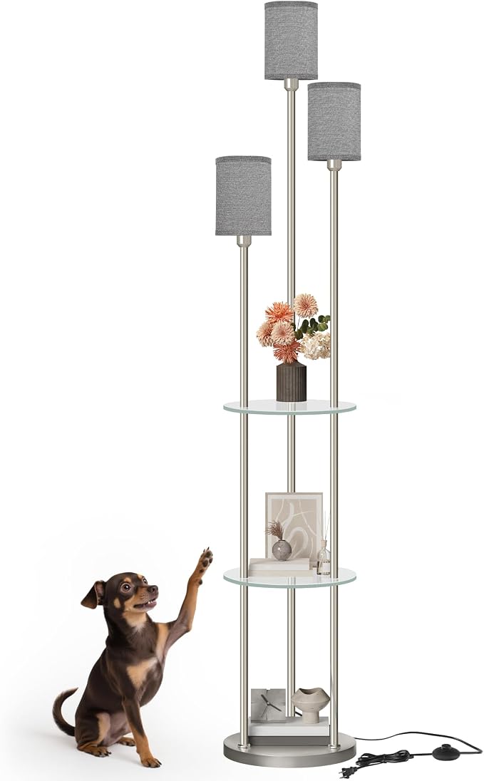70.9" Floor Lamp with Shelves, for Living Room, 3-Tier Tall Lamp | Modern Shelf Floor Lamp with Foot Switch, 3-Light Standing Lamp, for Bedroom, Study, Office, Silver and Gray HSN53LD05