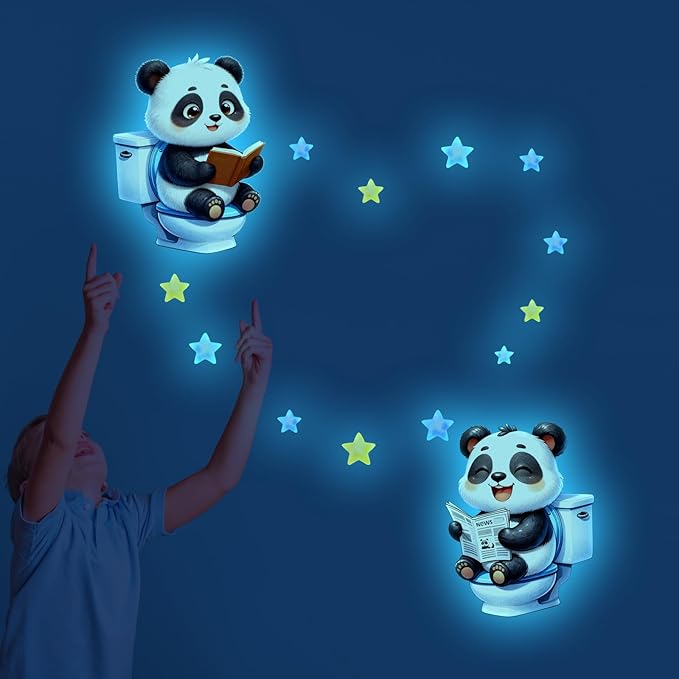 2 Sheets Glow in The Dark Panda Toilet Wall Stickers Cartoon Toilet Decals Bathroom Funny Panda Night Light Decor (Blue Panda)