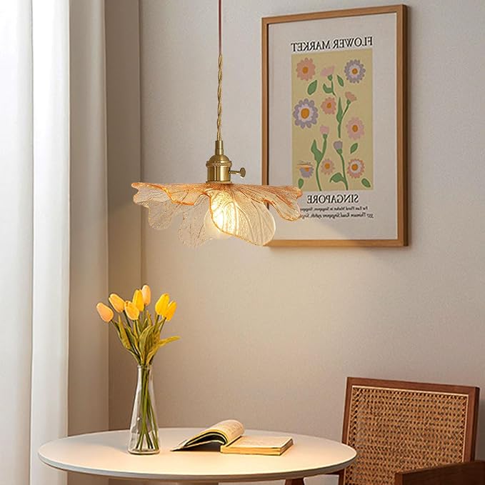 Mid Century Pendant Light for Kitchen with Blown Flower Amber Glass | Vintage Hanging Light 12.99" Art Decor Glass Ceiling pendant Lamp Gold Brass E26, Adjustable Height Sloping Flat ceilings