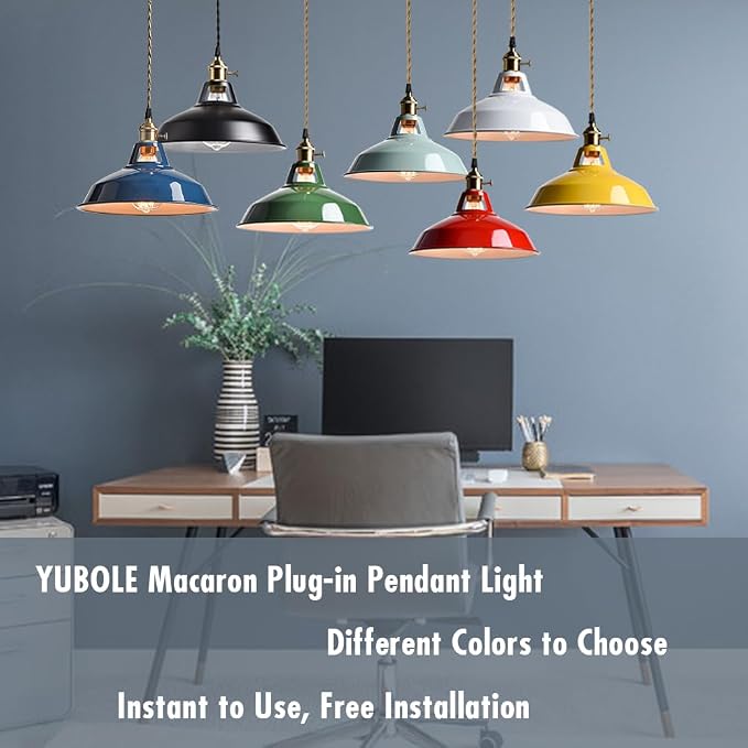 YUBOLE Nordic Plug in Pendant Light White Barn Shade with Dual Switches | 216.5" Plug Cord, Metal Barn Shade, On/off and Rotary Switches, E26 Removable Swag Light for Any Indoor Spaces