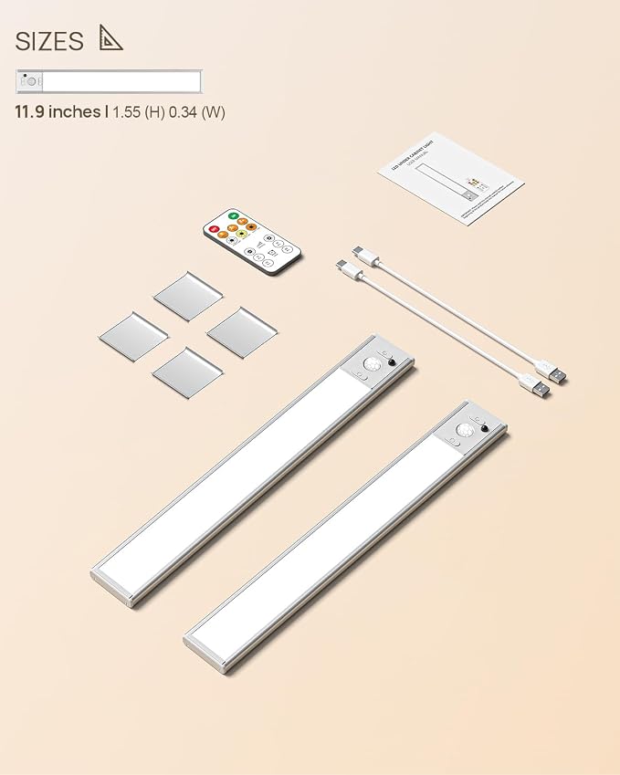 12" Under Cabinet Lights Wireless, Motion Sensor Light Indoor with Remote, LED Rechargeable Closet Light, 3 Color Temps, Dimmable, Magnetic, Under Counter Lights for Kitchen, Stairs, Pantry, Hallway