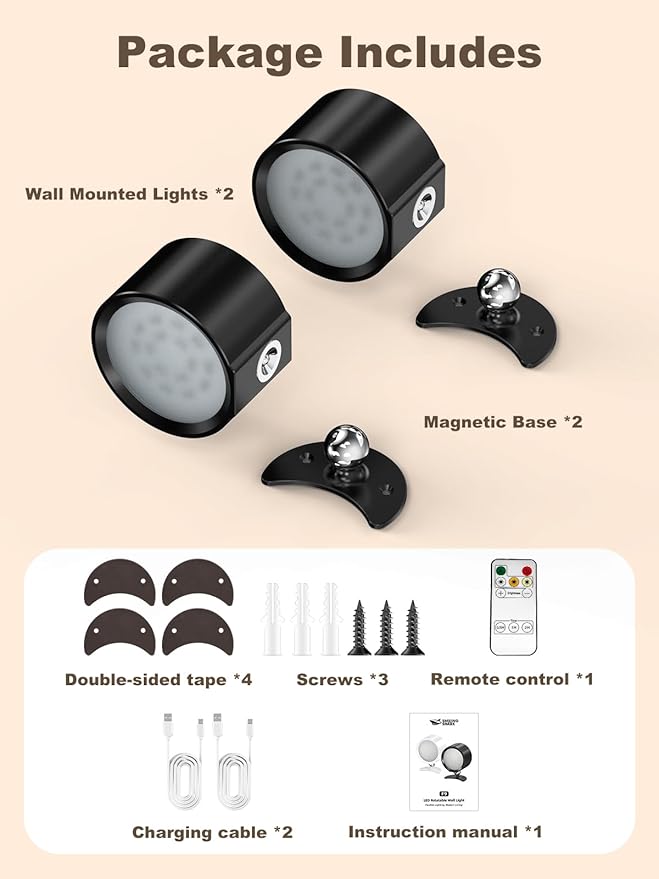 Smiling Shark Wall Light F9, Rechargeable Wall Mounted Lamp LED 3 Color & 4 Brightness Stepless Dimming 360ยฐ Rotate Magnetic Ball Cordless Wall Sconce Lamp for Bedroom Reading Bedside (2, Black)