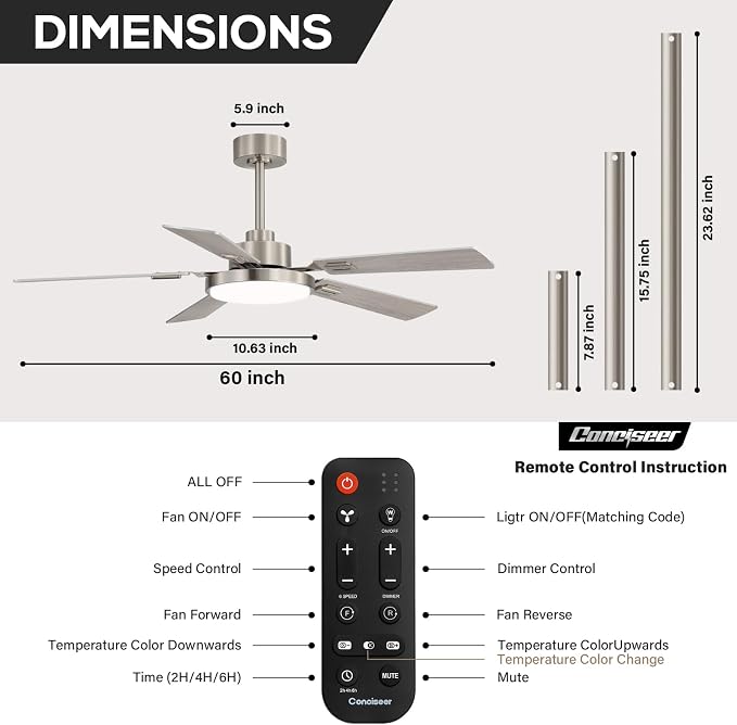 60 Inch Ceiling Fans with Lights and Remote, Bedroom Living Room Office Library Cafe Outdoor Industrial, 5CCT Dimmable, Dual Color 5 Blades, 6 Speed Reversible Quiet DC Motor, Sand-nickel/Wood Grain