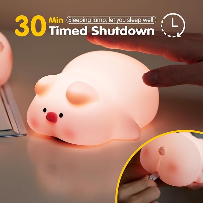 VTIGER Pink Pig Night Light, LED Squishy Cute Lamp,Night Light for Kids,Silicone Pig Light, Dimmable Girls Baby Bedroom Nightlight, Rechargeable Piggy Touch Lamp for Breastfeeding Nursery Decor