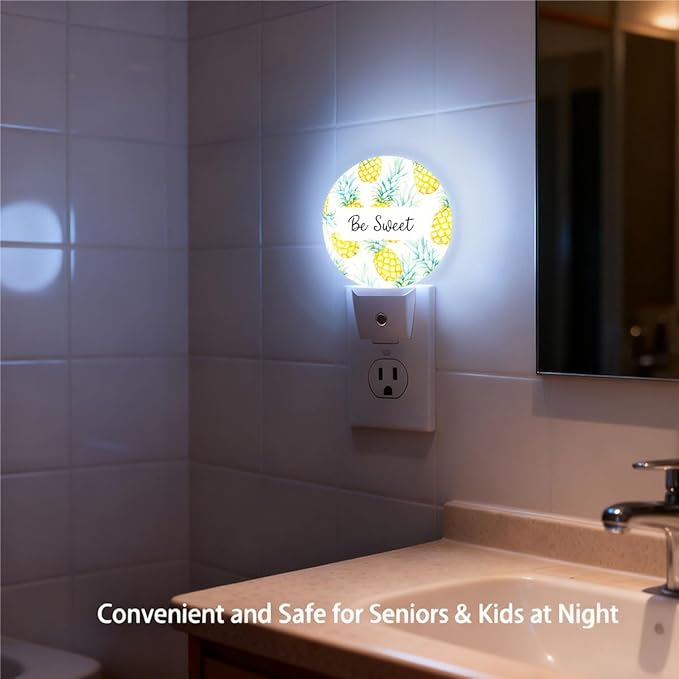 Plug-in Watercolor Pineapple Night Light Be Sweet Nightlight with Dusk to Dawn Sensor, Auto On/Off 0.5W Energy-Saving LED Lighting for Men Women Boys Girls Gift