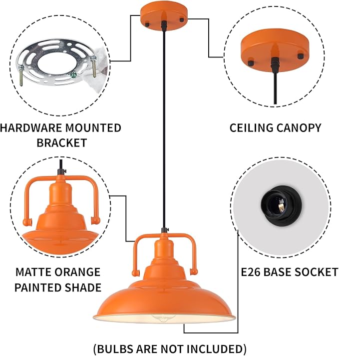 Orange Pendant Light 12.5 inches 3 Packs, Farmhouse Pendant Light, Industrial Pendant Lighting, Kitchen Pendant Lights, Pendant Lights Kitchen Island for Dinning Room Entryway Barn