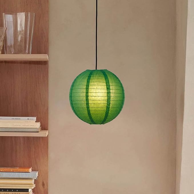 12 Inch Plug-in Paper Lantern Green Pendant Light, Rice Paper Lamp | Japanese Wabi-Sabi Light, 4.5M/15FT Adjustable Cord, E26 Socket, Soft Diffused Light for Bedroom, Dining Room & Cafe Decor