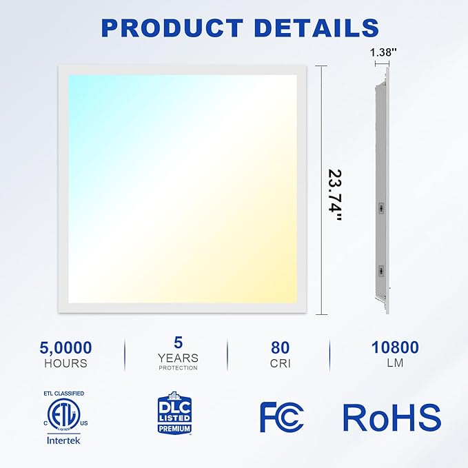 JESLED 4Pack 2x2 led Flat Panel Light, 10800LM, Drop Ceiling Lights Fixture for Office Kitchen Basement Laundry, 30W/40W/50W/60W/72W Selectable, 5CCT Switchable, 0-10V Dimmable, DLC ETL Listed