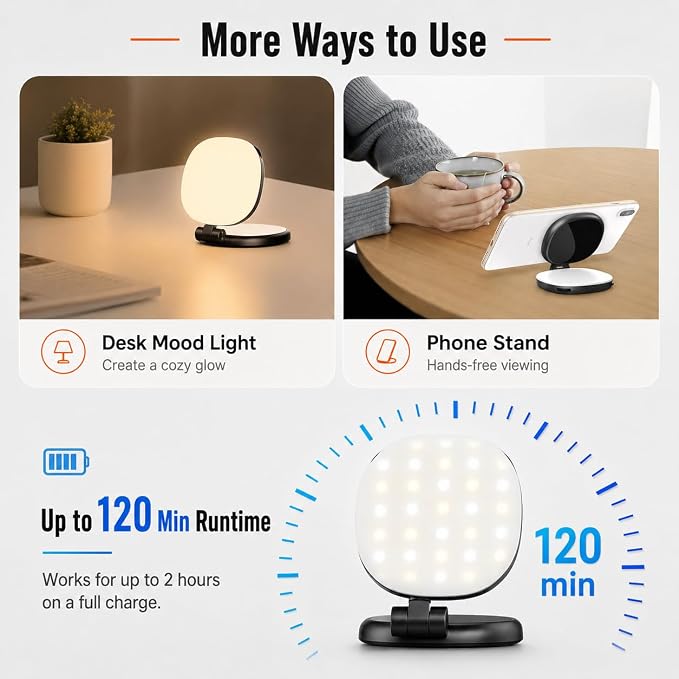 Magnetic Selfie Light Compatible with MagSafe, Foldable LED Phone Light with Mirror, 72 LEDs Stepless Brightness & Color Temperature, 360° Rotating Fill Light for Selfies, Makeup, TikTok, Zoom