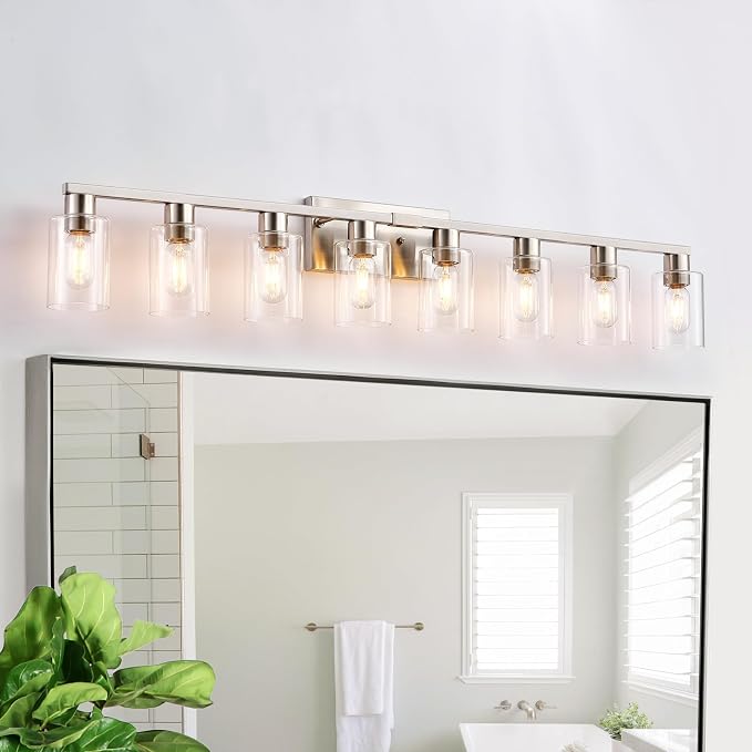 8 Light Bathroom Vanity Light Brushed Nickel Bathroom Light Fixtures 8-Light Vanity Lights for Bathrrom Lights Fixtures Over Mirror Large Wall Sconce with Clear Glass Shade