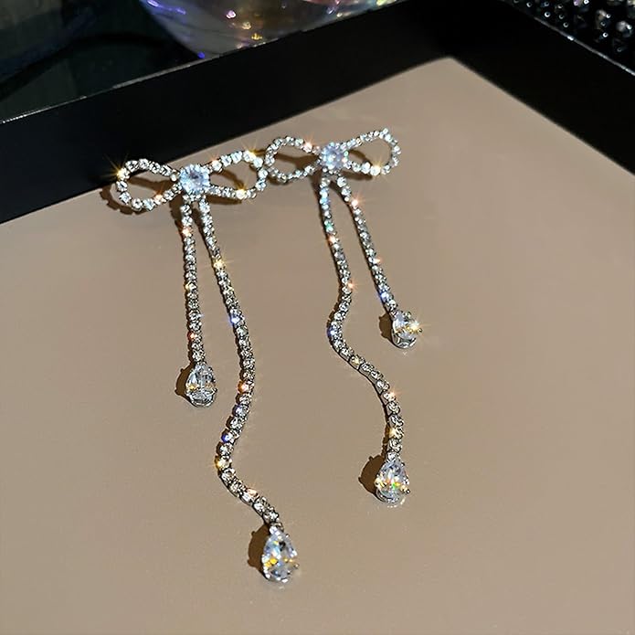 Luxval Rhinestone Earrings Dangling for Women Sparkly Silver Dangle Earrings Girls Long Chandelier Earrings Tassel Lightweight Ear Studs Cubic Zirconia Crystal Statement