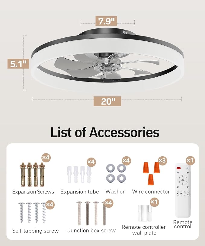 Smart Ceiling Fans with Light and Remote,20" Low Profile Ceiling Fan with 6-Speed & Dimmable LED, Alexa/APP Home Voice Control, App, Reversible Airflow, App Timer, for Bedroom(Black)